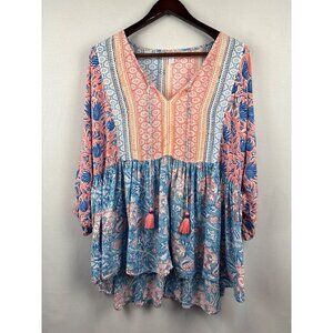 Women’s Sea Bird Size 16 Blue, Orange, & White Floral Blouse